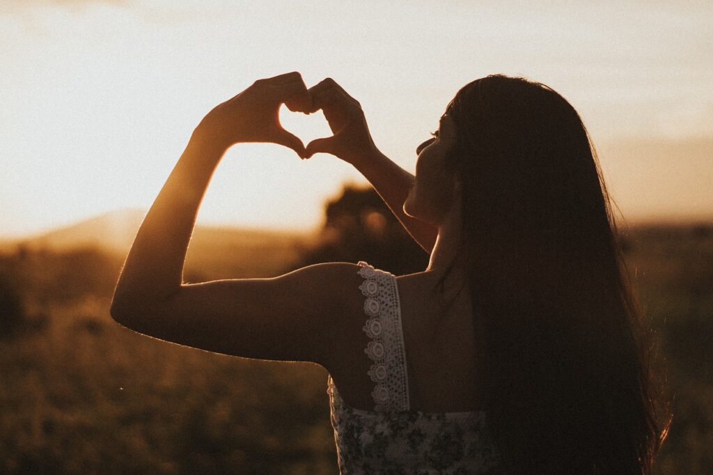 heart, nature, woman, sunset, gesture, dusk