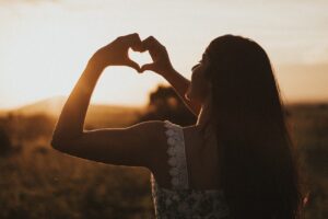 heart, nature, woman, sunset, gesture, dusk